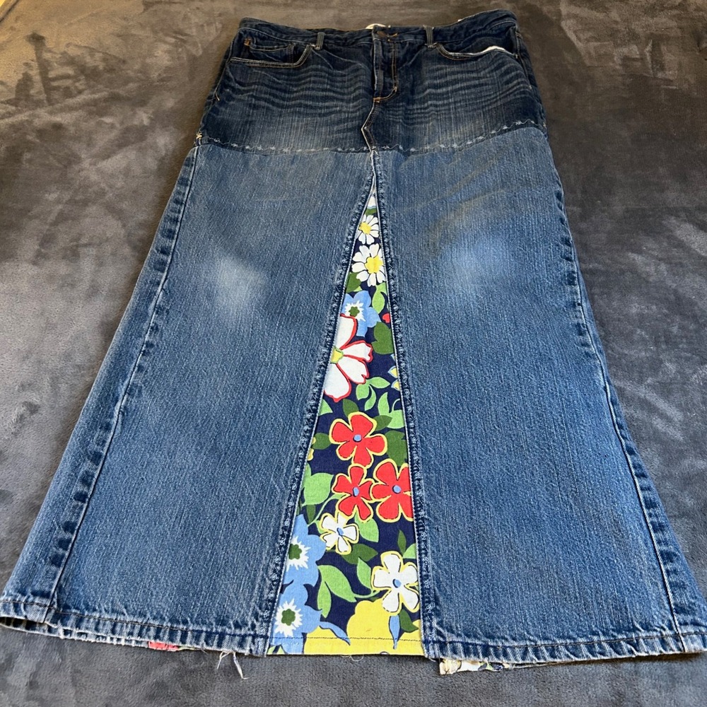 Abercrombie & Fitch Blue Denim Maxi Skirt with Floral Insert